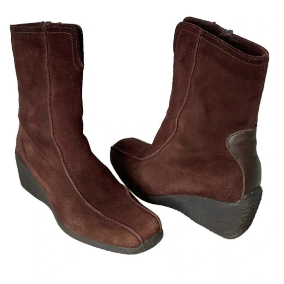 SANTANA Kylie Brown Square Toe Suede Wedge Boots Faux Fur Lined Y2K Neutral 6.5 - Picture 2 of 13